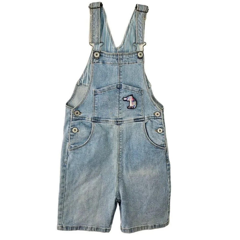 Jette Kids Denim Shorts Bib Overalls Girls 7/8 Cotton Stretch Lightwash Unicorn